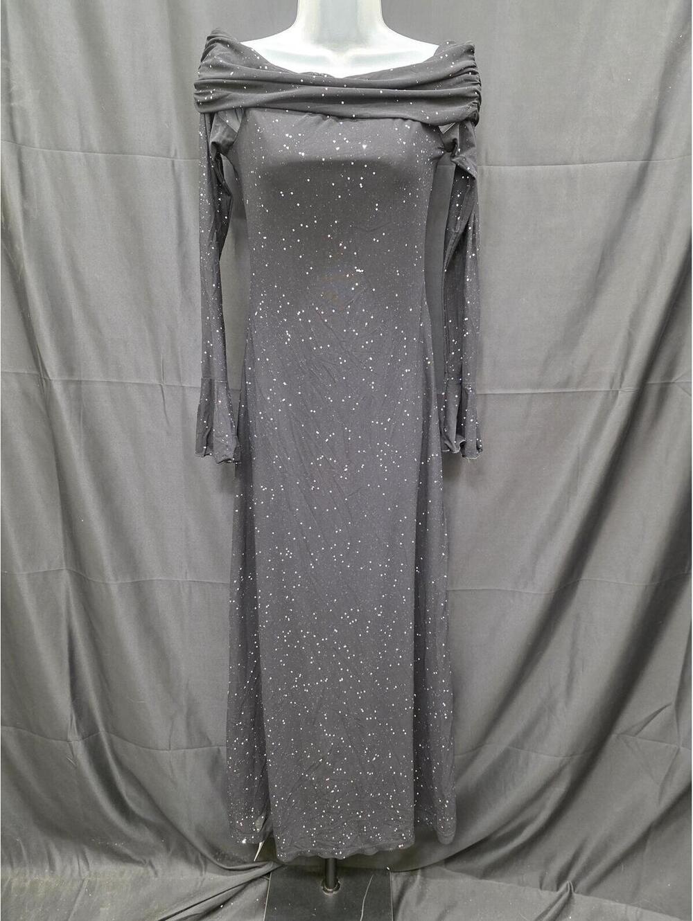 COLYSMO MESH OFF‑SHOULDER SPARKLY BODYCON MAXI DRESS BLACK LONG SLEEVE S